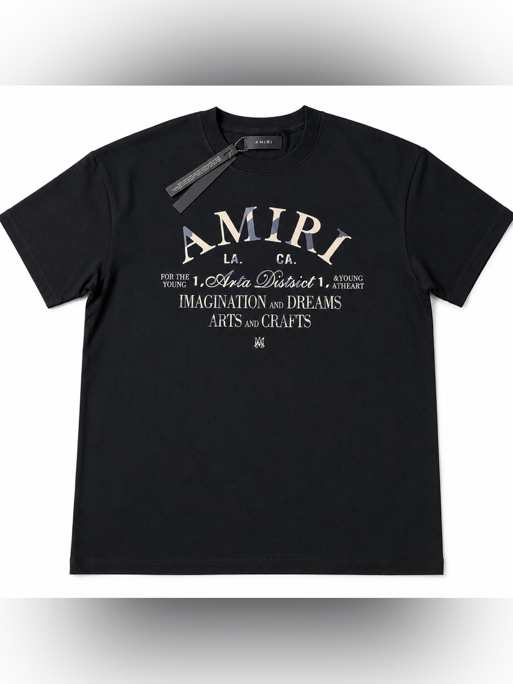 AMIRI Black Crewneck Logo Tee with Cream Camo Lettering size small